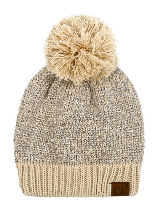 Sequin Cuff Pom Beanie